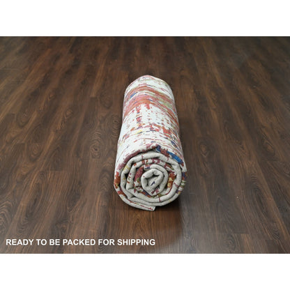 9'3"X12'2" Accessible Beige Pure Wool Abstract Design Hand Knotted Rug