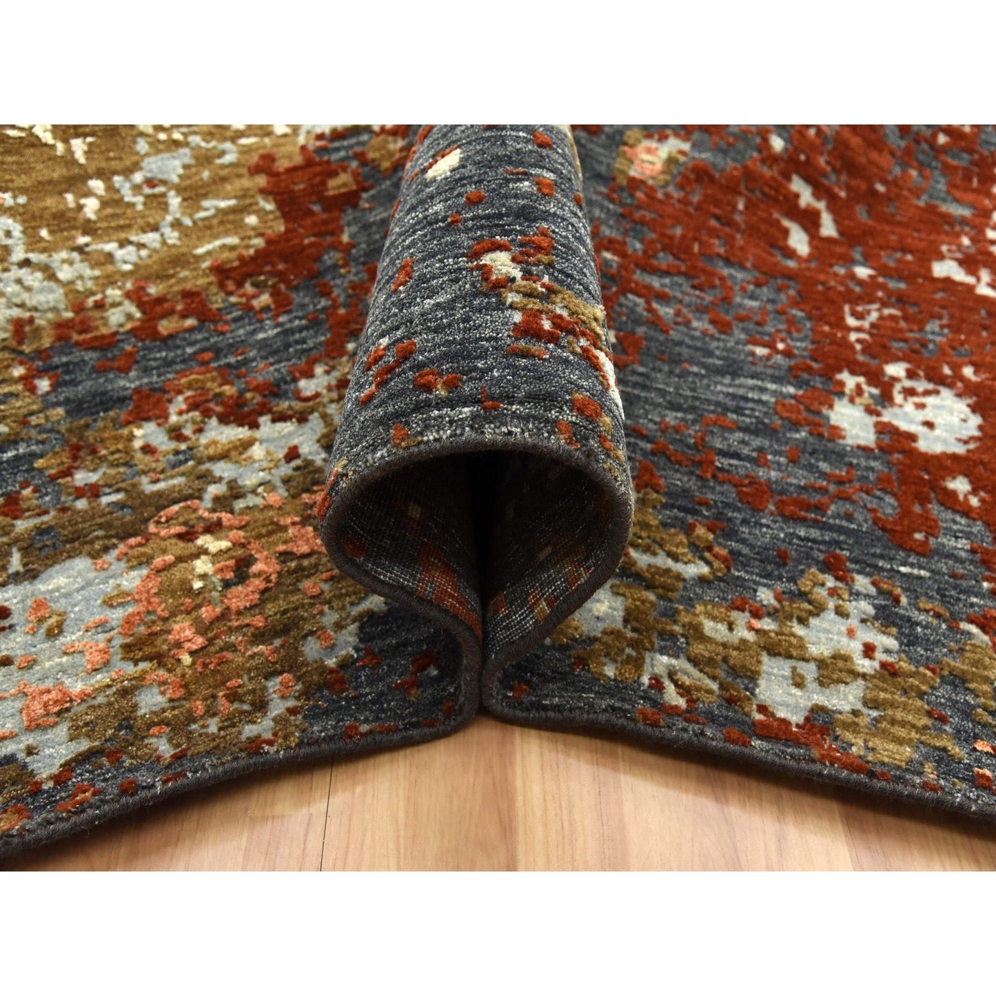Burnt amber abstract design soft wool hand knotted rug oversized
