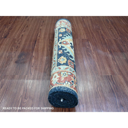 2'7"X8' Yale Blue Peshawar Karjihooz Design Wool Hand Knotted Runner Rug