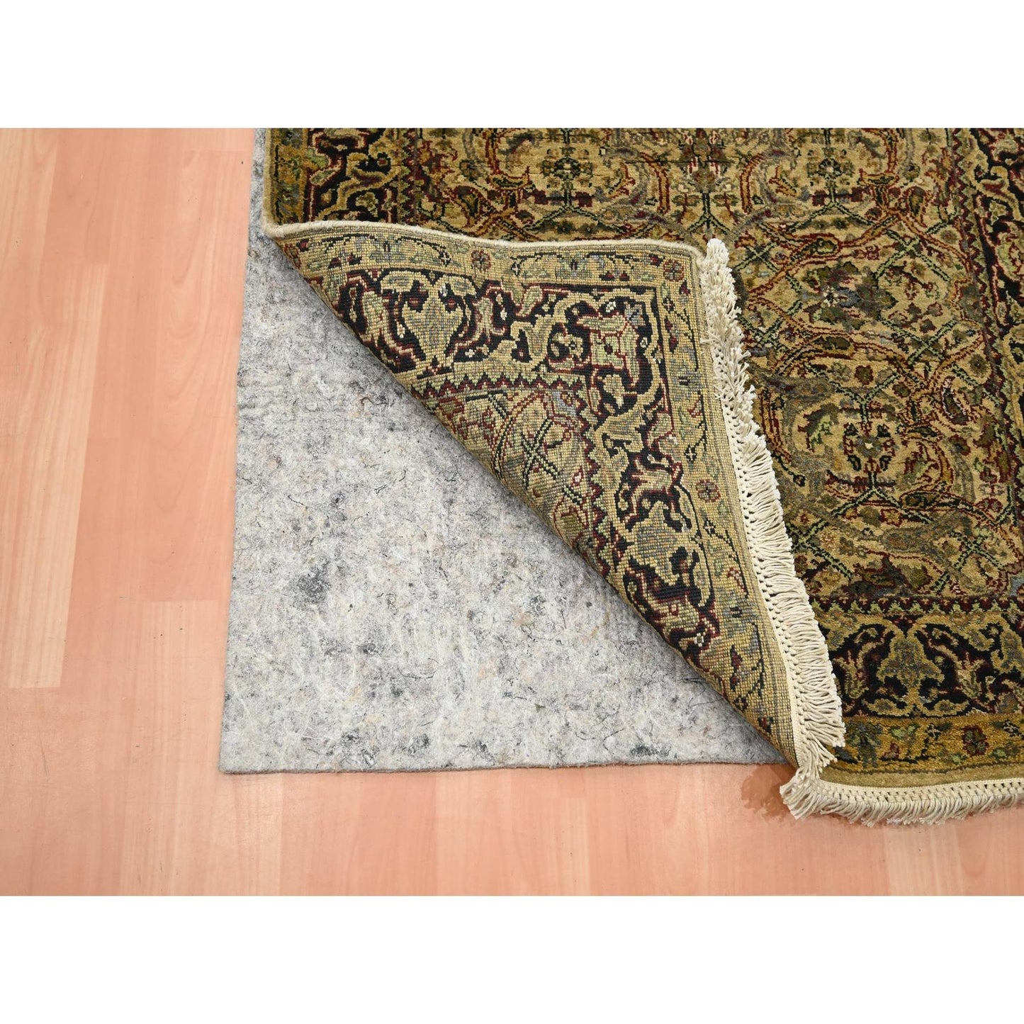 3'2"X19'4" Gold Yellow Hand Knotted Rajasthan Leaf Design Wool Runner Rug