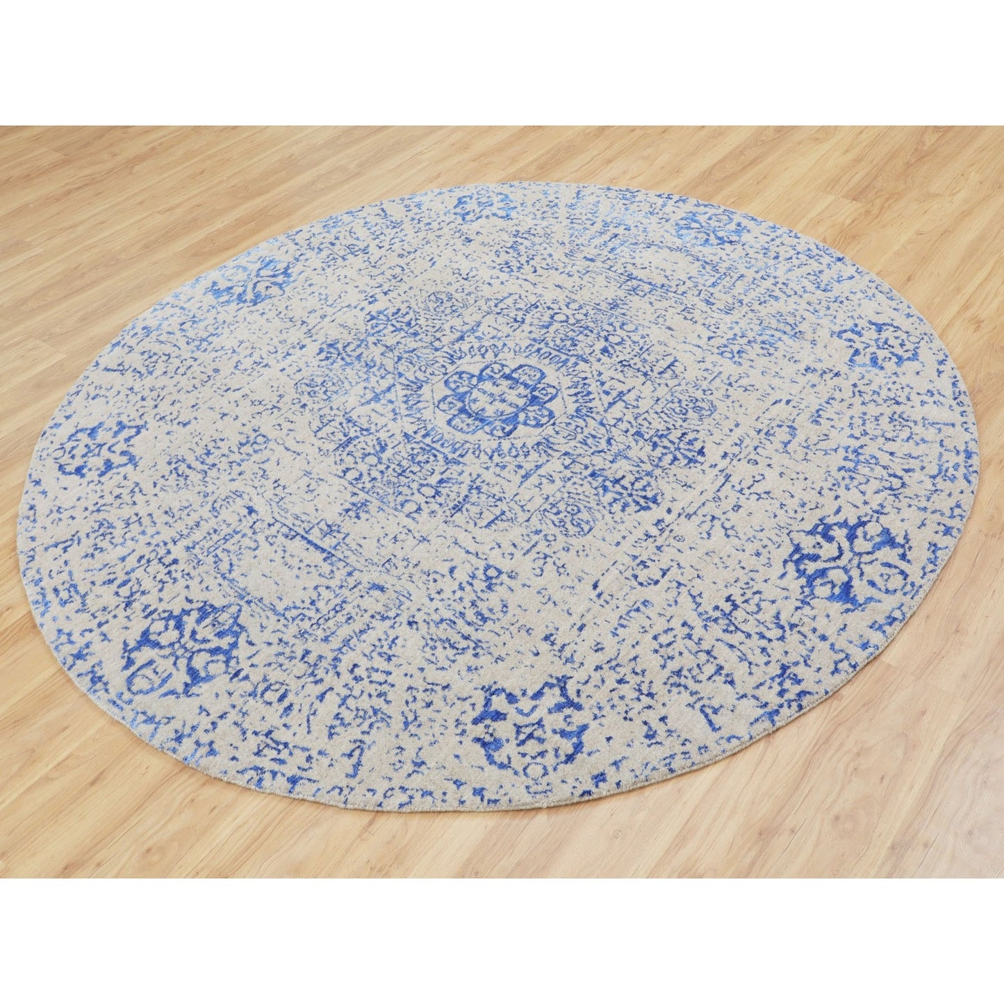 8'X8' Blue Wool And Silk Mamluk Design Jacquard Hand Loomed Round Rug