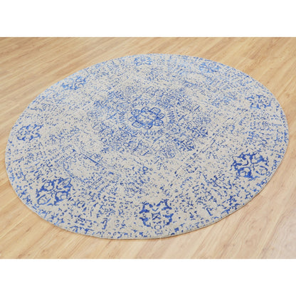 8'X8' Blue Wool And Silk Mamluk Design Jacquard Hand Loomed Round Rug