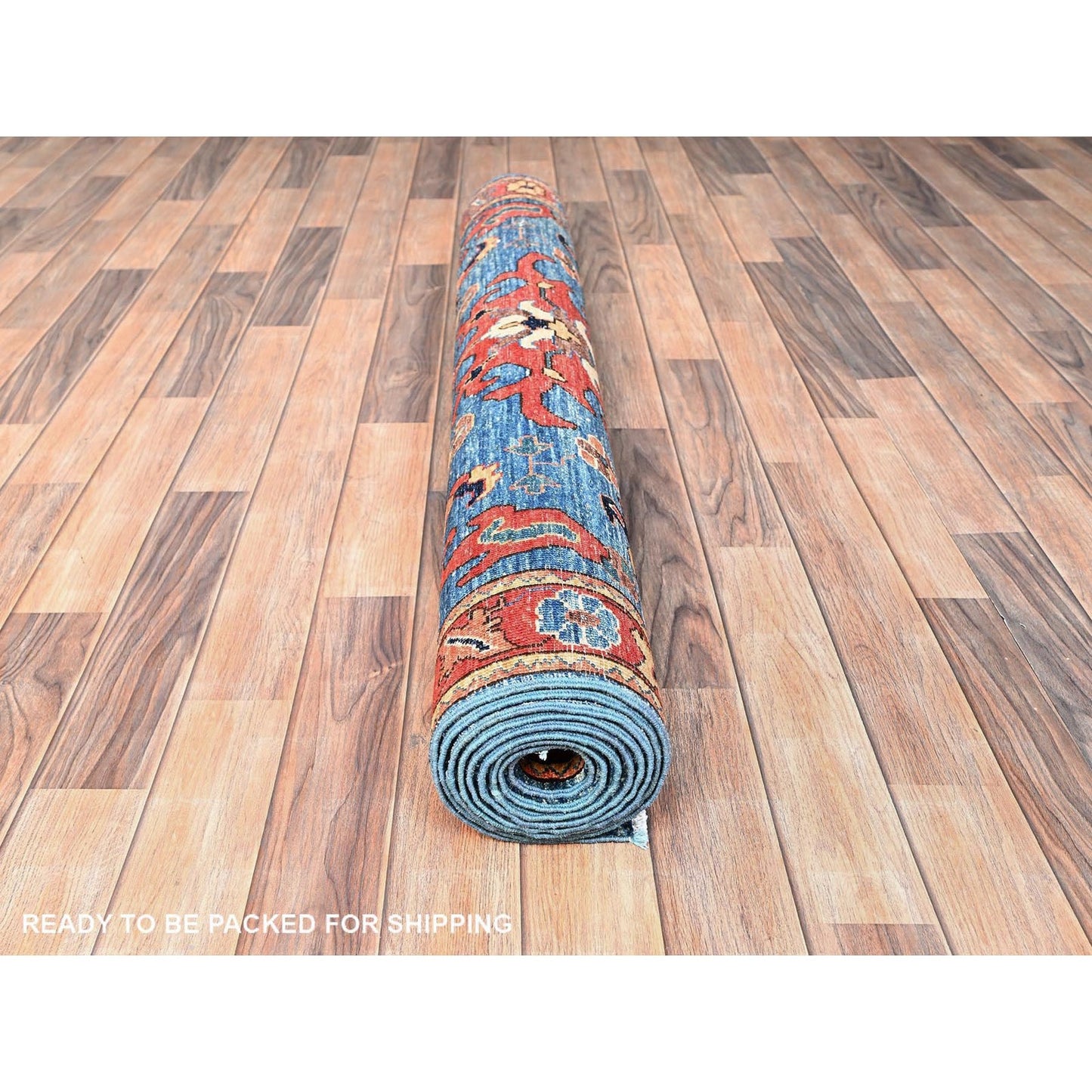 4'2"X9'7" Blue Heris All Over Design Hand Knotted Pure Wool Wide Runner Rug