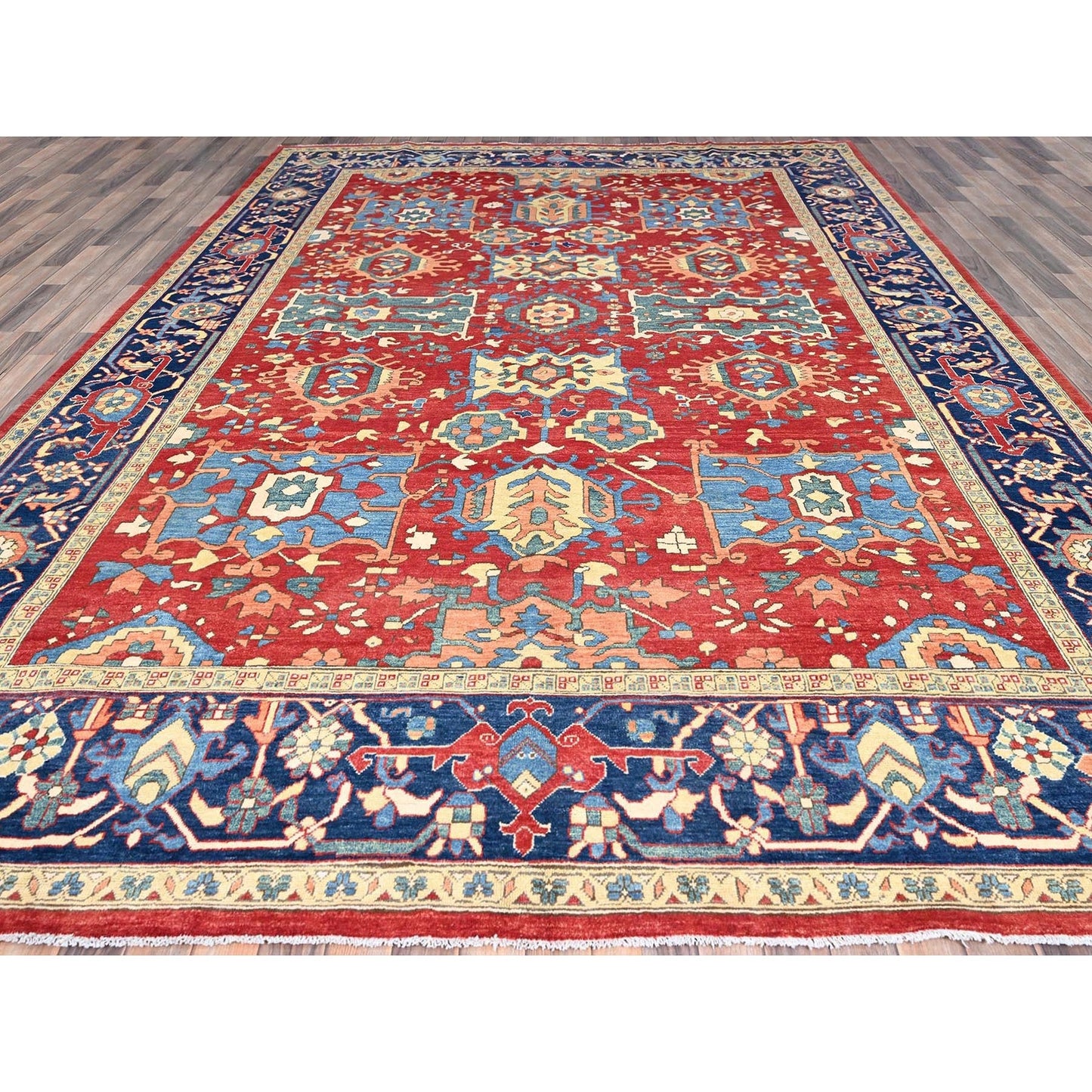 9'10"X13'1" Ruby Red Hand Knotted Wool Seeripe Heris Design Oriental Rug