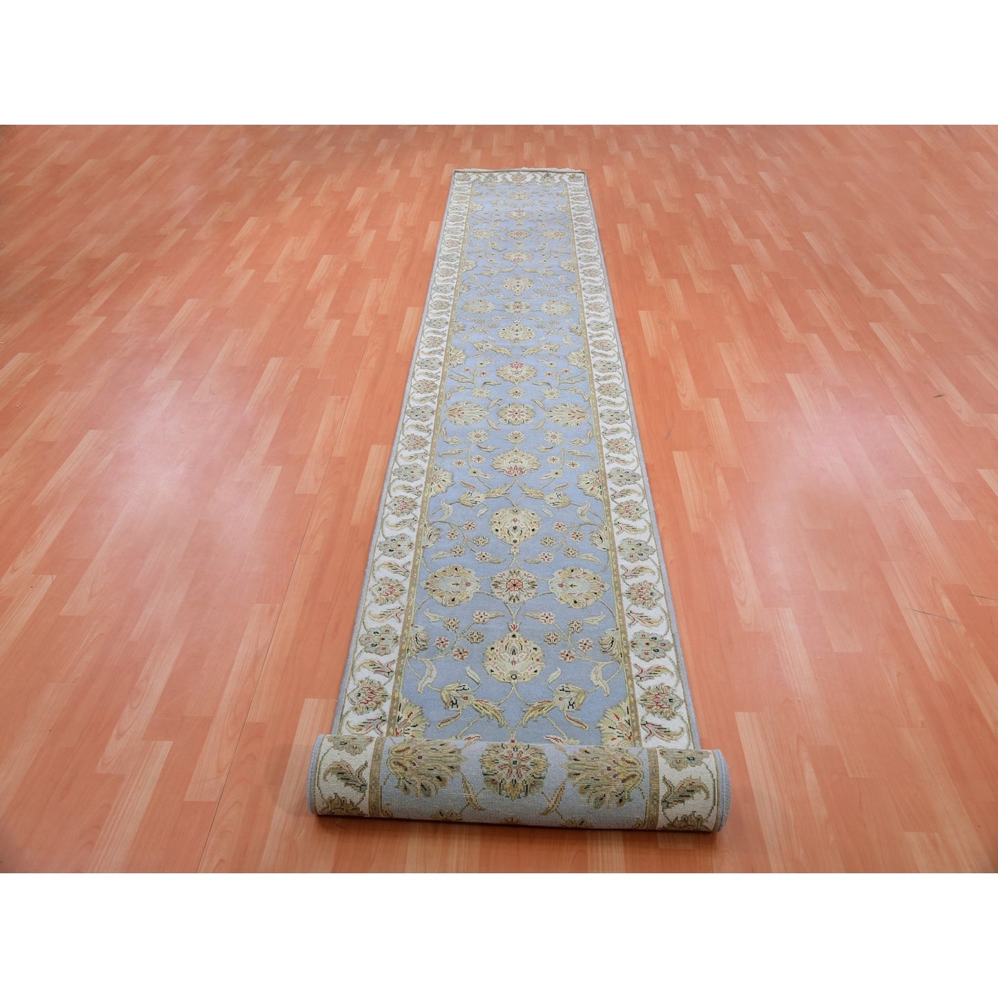 2'8"X17'1" Blue Rajasthan Leaf Hand Knotted Wool And Silk Xl Runner Rug