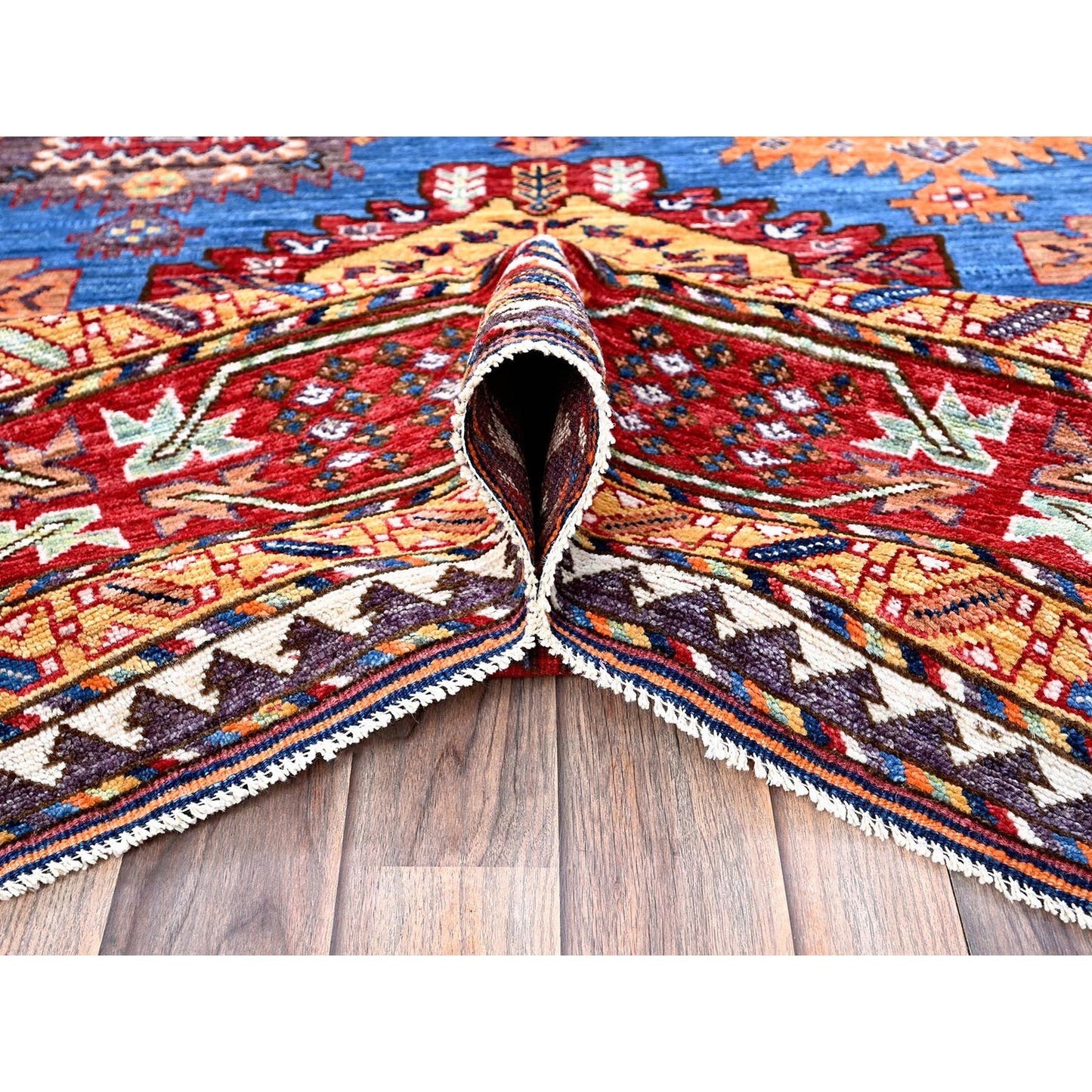 8'2"X9'9" Blue Antique Caucasian Design Revival Hand Knotted Pure Wool Rug