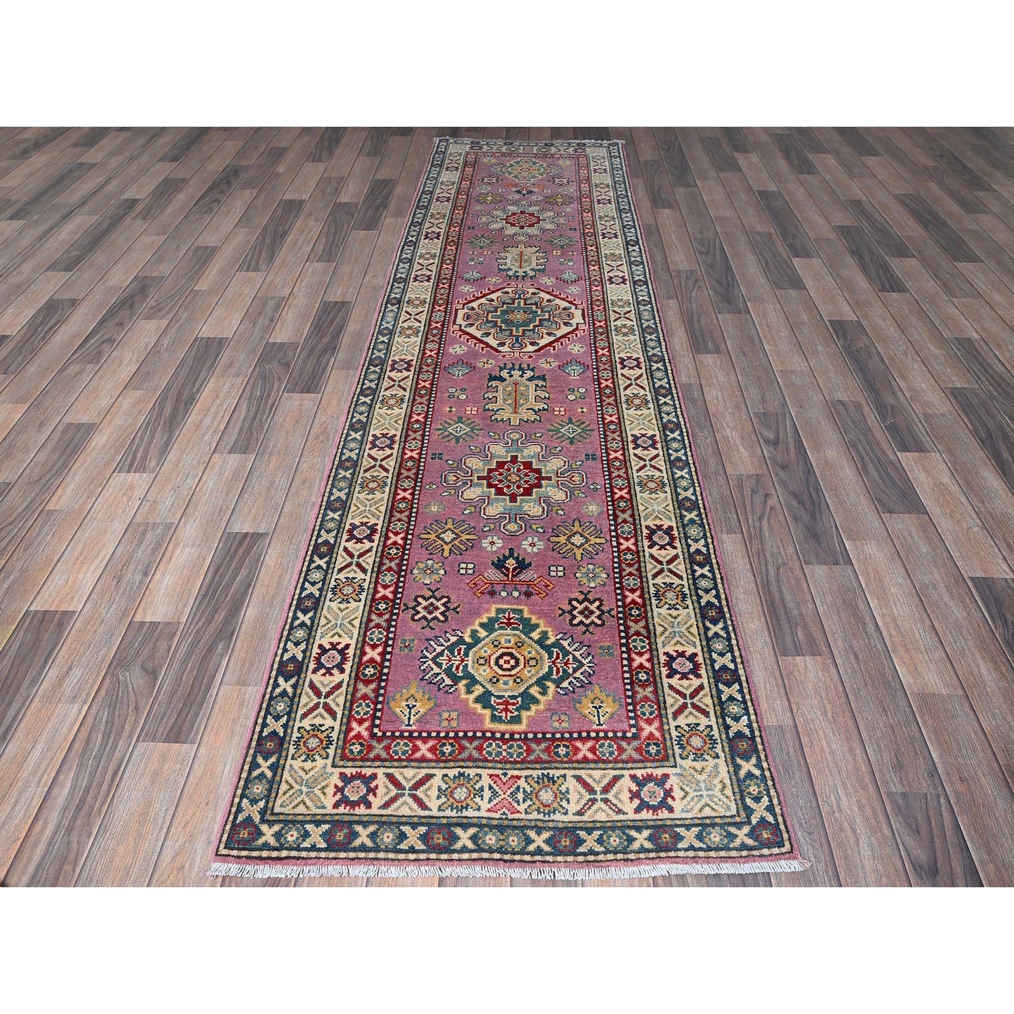 2'7"X10'1" Pink Kazak With Tribal Design Hand Knotted Soft Wool Runner Rug