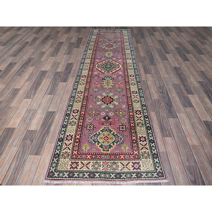2'7"X10'1" Pink Kazak With Tribal Design Hand Knotted Soft Wool Runner Rug