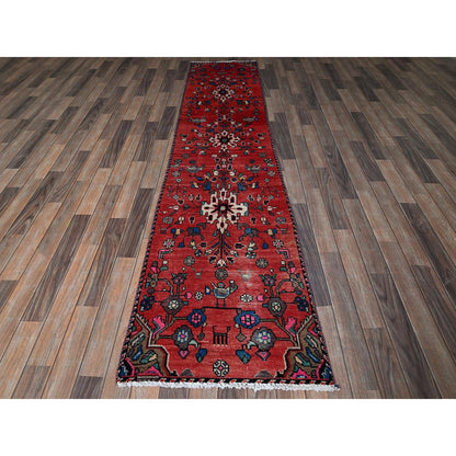 2'3"X9'6" Red Vintage Zoroastrian Khamadan Hand Knotted Wool Runner Rug