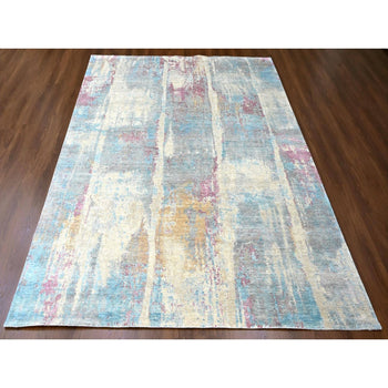 9'X12' Pastel Yellow Abstract Design Wool And Silk Shiny Hand Knotted Rug