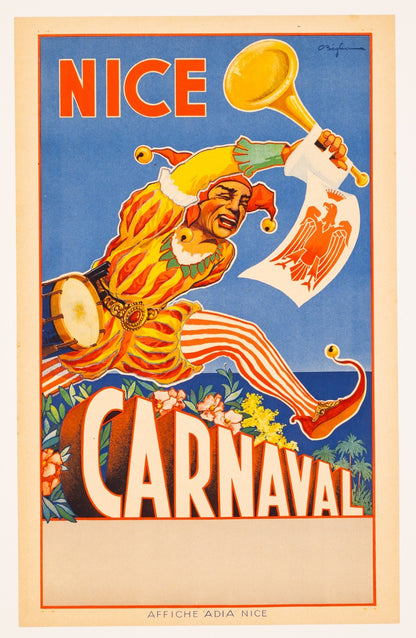 1954 Carnaval De Nice Poster By Beglia  Original Lithograph On Linen, 12X19 In
