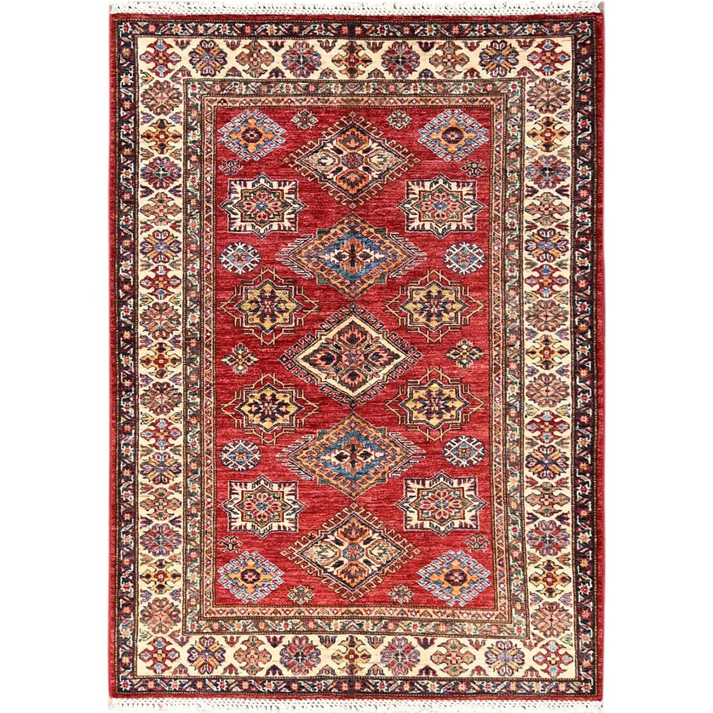 4'1"X5'9" Red Hand Knotted Afghan Super Kazak Medallions Design Wool Rug