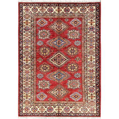 4'1"X5'9" Red Hand Knotted Afghan Super Kazak Medallions Design Wool Rug
