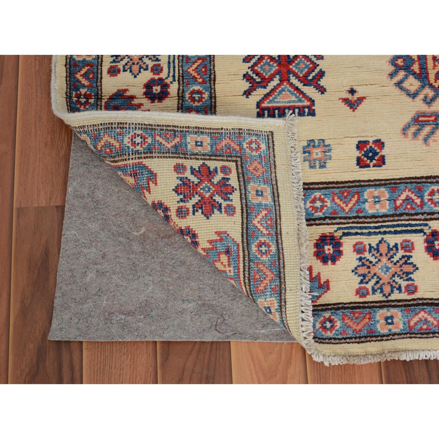 3'10"X6' Ivory Special Kazak Geometric Design Pure Wool Hand Knotted Rug