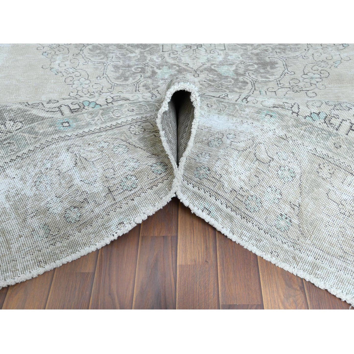 9'8"X12'6" Wool Farsian Tebraz Vintage Clean Worn Ivory Hand Knotted Rug