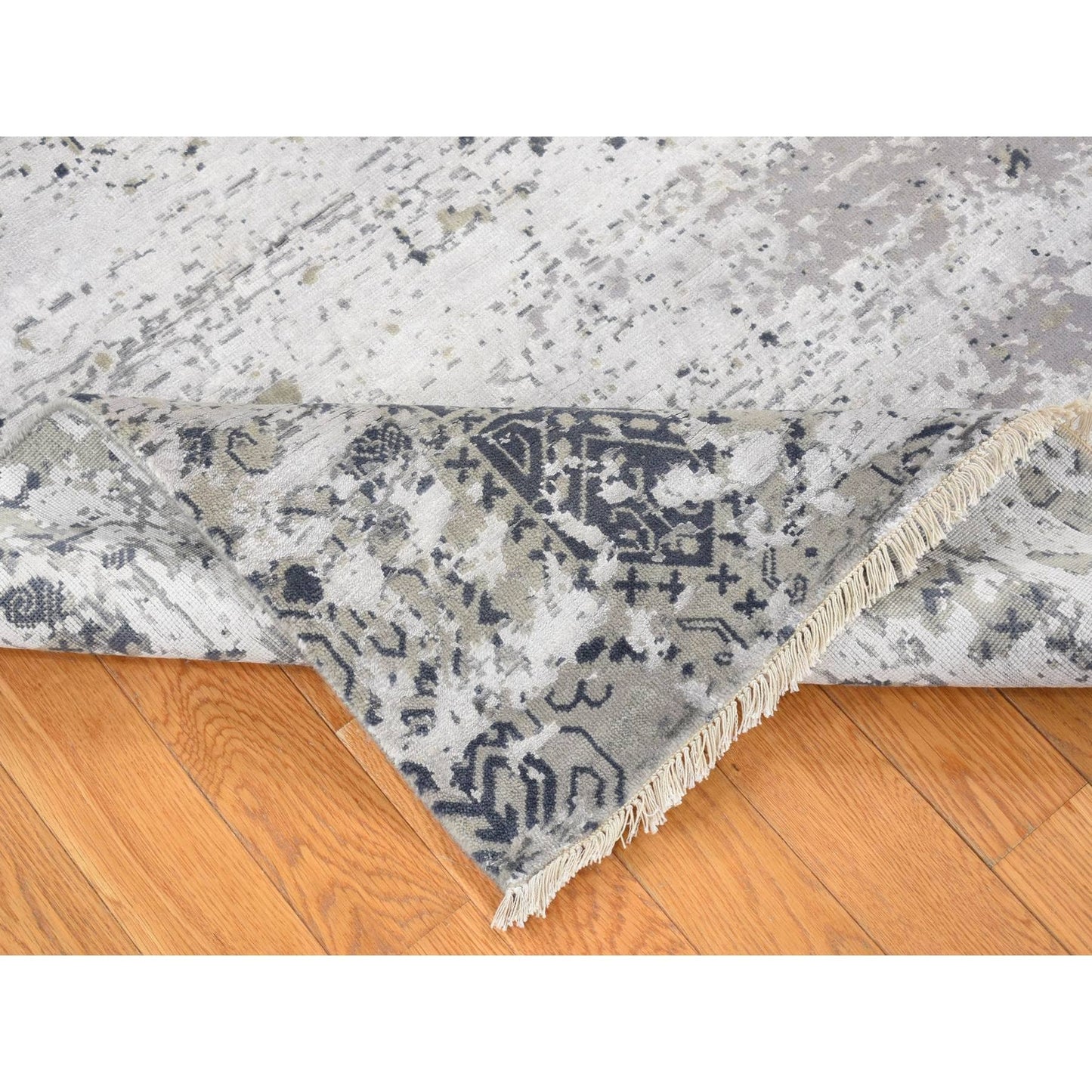 8'X9'10" Gray Broken And Erased Design Wool And Silk Hand Knotted Rug