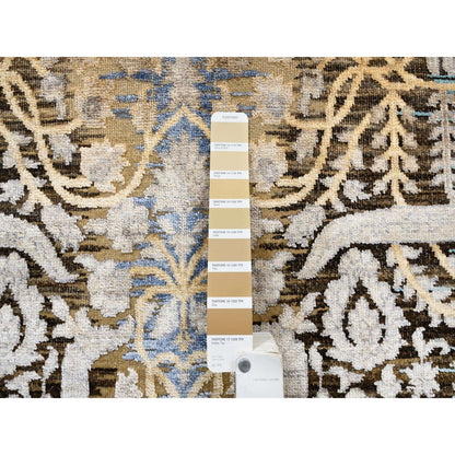 4'X12' Gold Brown Silk With Textured Wool Hand Knotted Wide Runner Rug