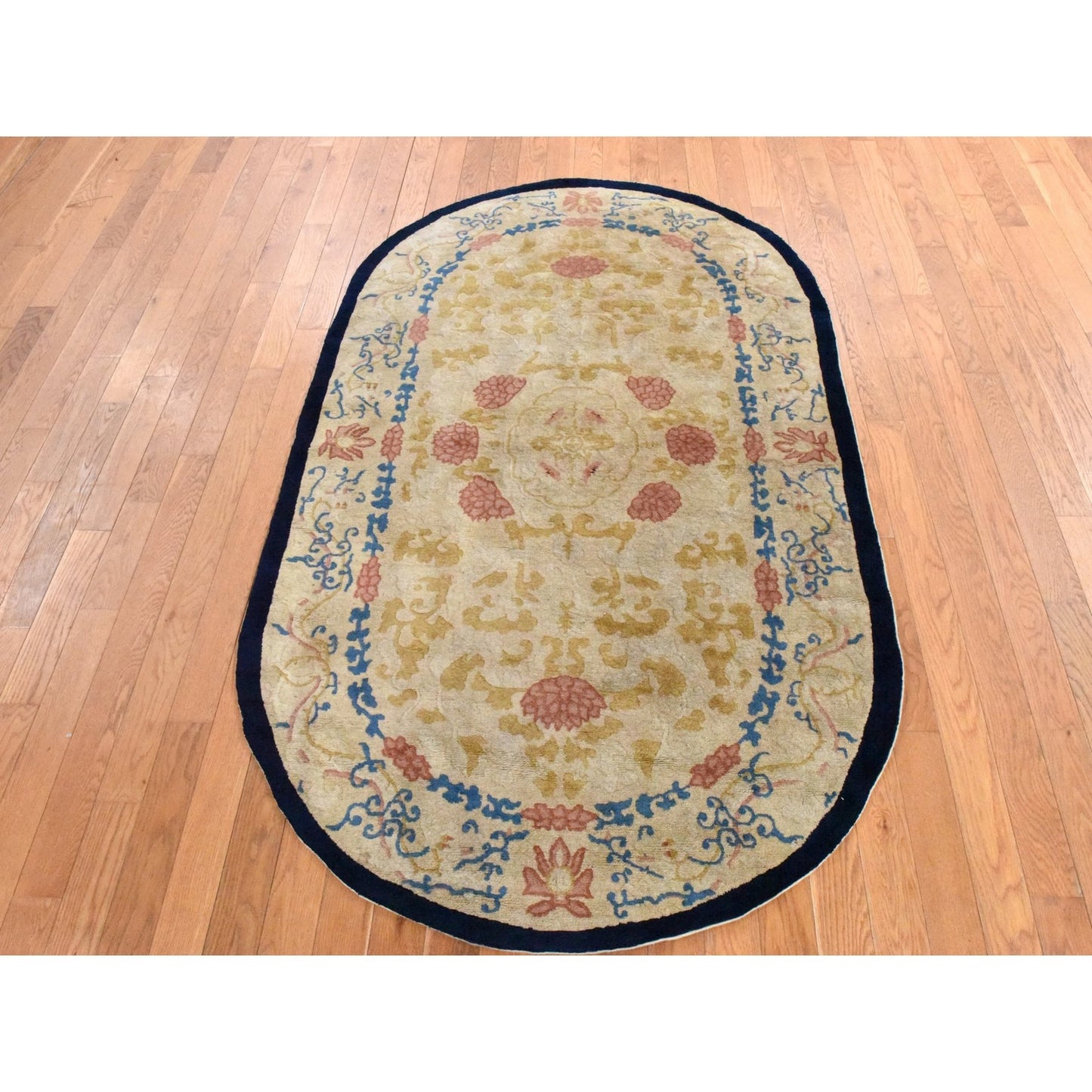 4'x6'9" Brown Antique Chinese Peking Oval Shape Wool Hand Knotted Rug