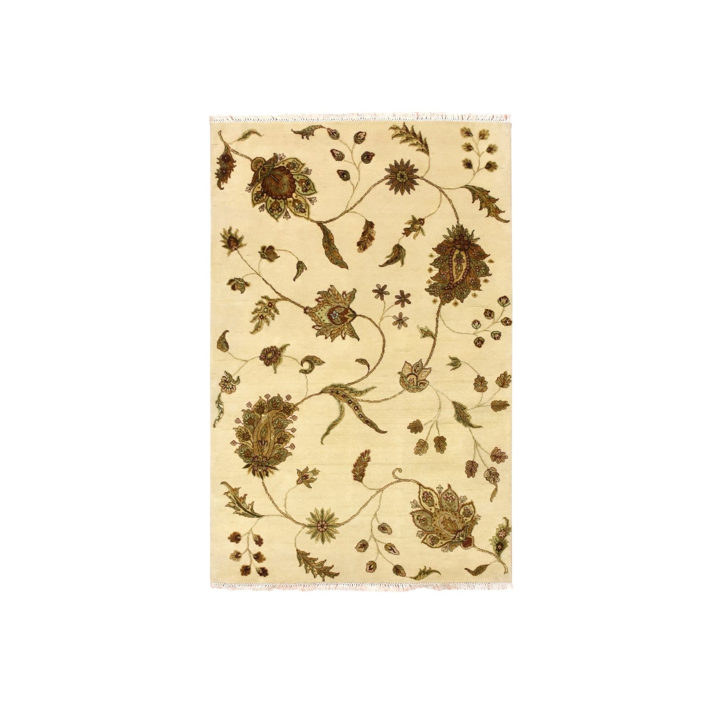 4'X6' Parchment White Botanical Design Wool And Silk Hand Knotted Rug