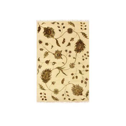 4'X6' Parchment White Botanical Design Wool And Silk Hand Knotted Rug