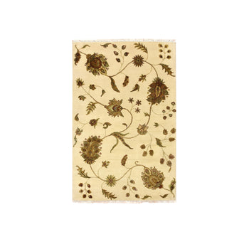 4'X6' Parchment White Botanical Design Wool And Silk Hand Knotted Rug