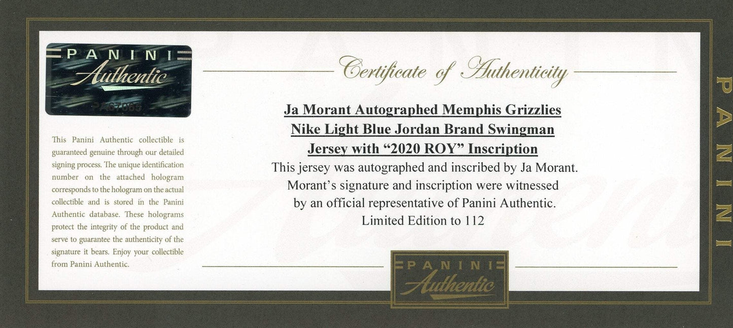 Ja Morant "2020 Roy" Autographed Framed Memphis Grizzlies Jersey (Panini)