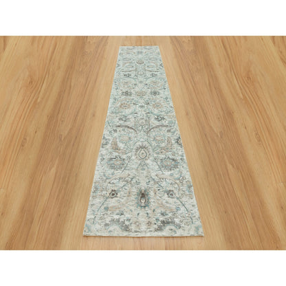 2'5"X10' Pristine White Hand Knotted Silk And Wool Sickle Leaf Runner Rug