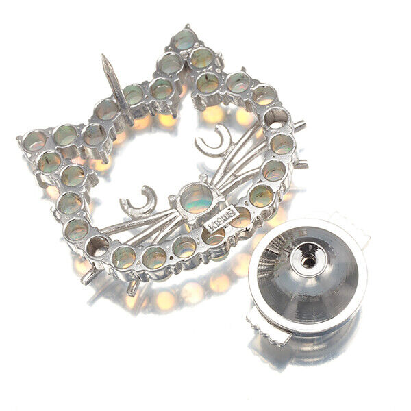 White Opal Cat Brooch 18K 750 White Gold