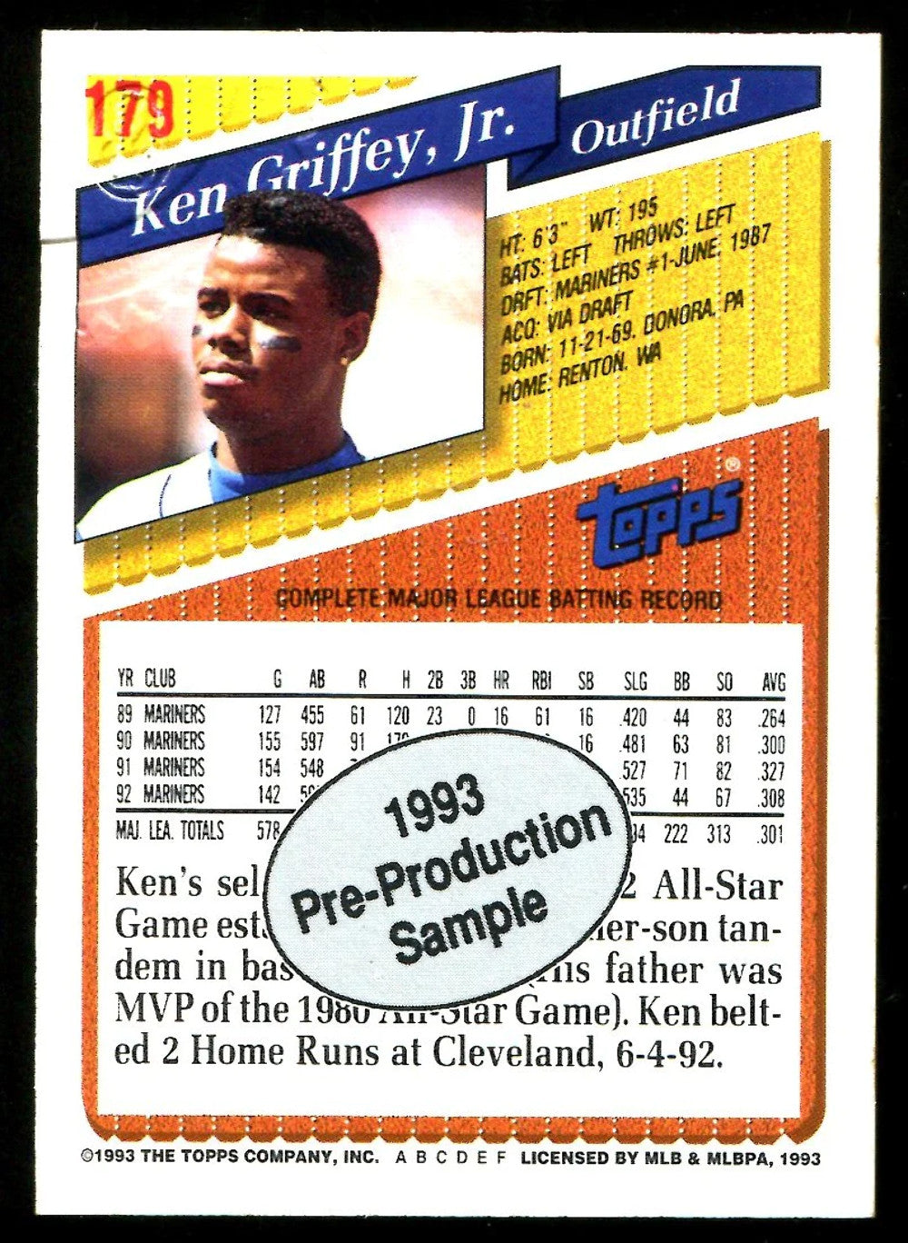 Ken Griffey Jr. 1993 Topps Autographed Card