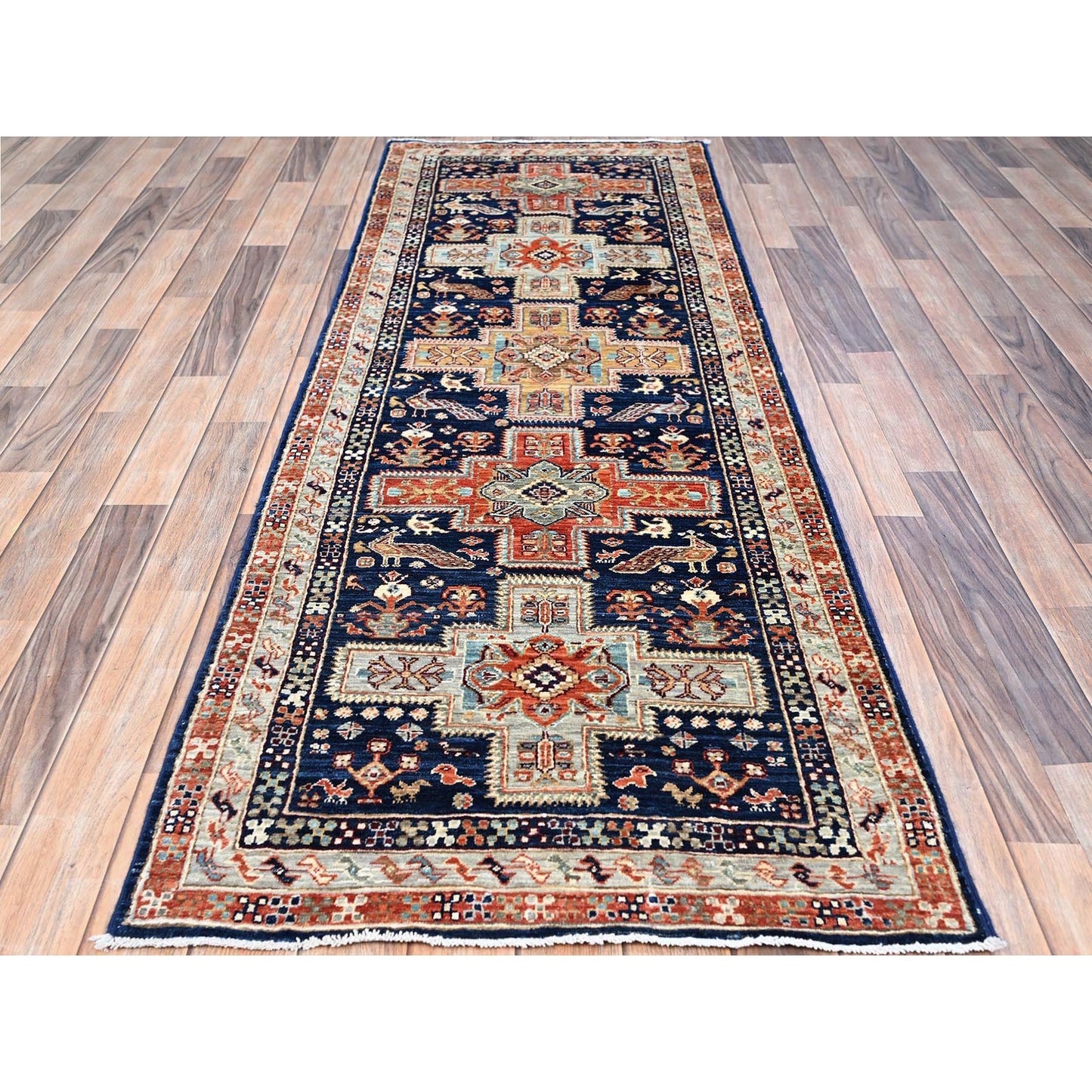 2'7"X7'9" Blue Runner Armenian Inspired Caucasian Design Wool Oriental Rug