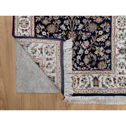 2'6"X13'3" Blue Nain Flower Design Wool And Silk Hand Knotted Runner Rug