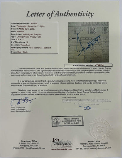 Willie Mays & Other Players Autographed 1952 Official Chicago Cubs Program (Jsa)