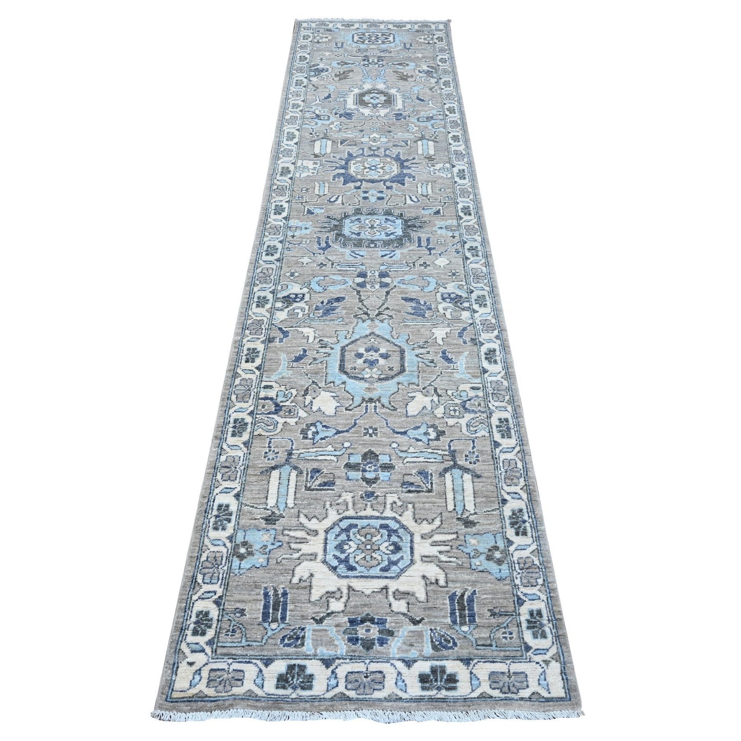 2'5"X10'8" Repose Gray Karajeh Design Hand Knotted Runner Oriental Rug