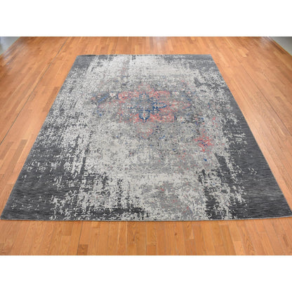 9'2"x12' Arsenic Gray Wool and Silk Erased Heris Design Hand Knotted Rug