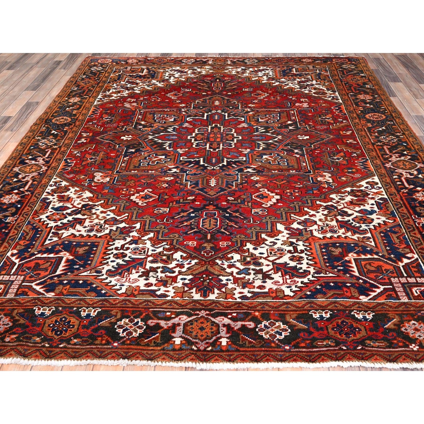 7'5"X8'10" Red Worn Wool Hand Knotted Vintage Zoroastrian Heris Rug