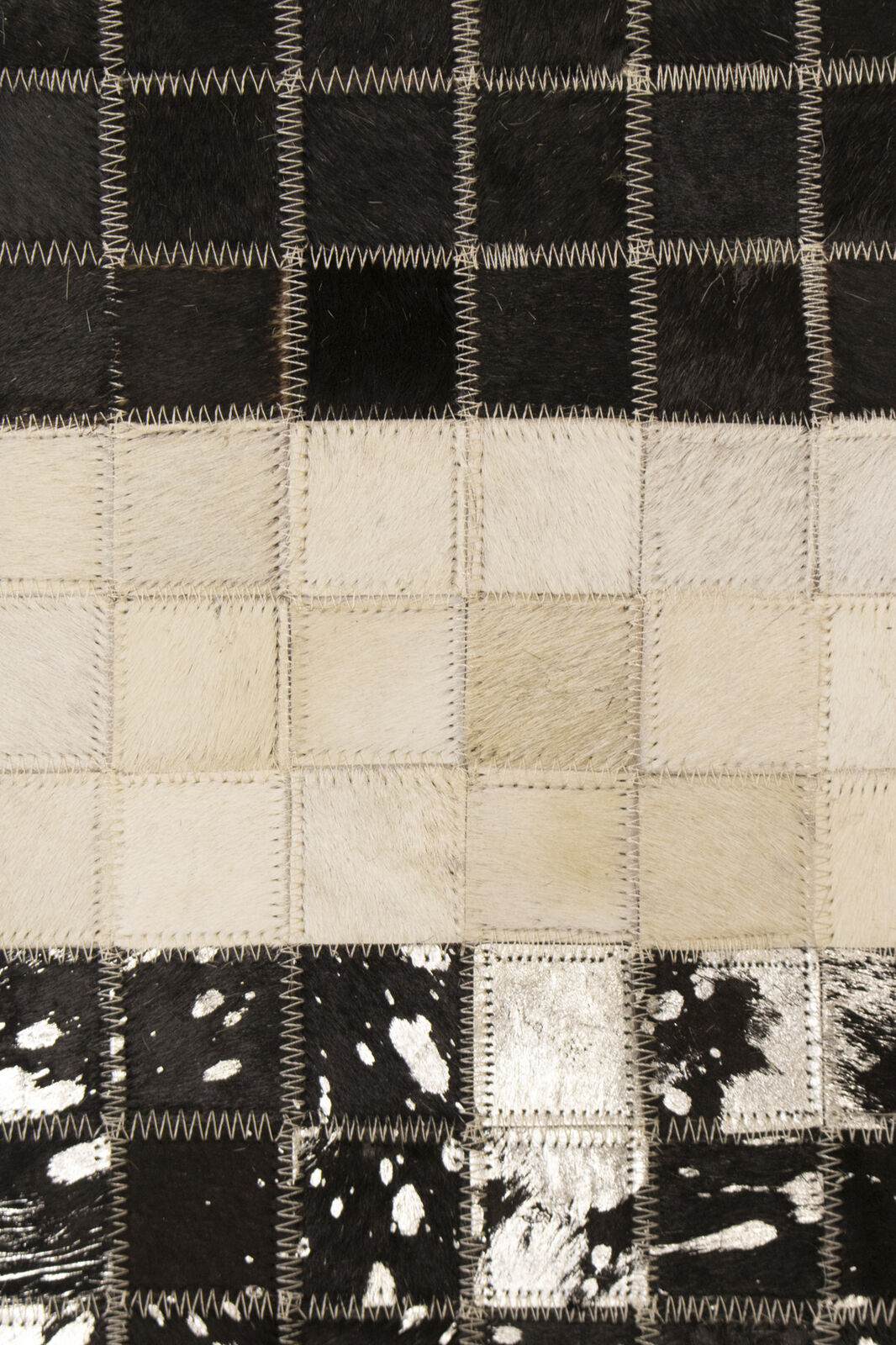 Hand-Stitched Black Beige Cowhide Leather Rug 4X6