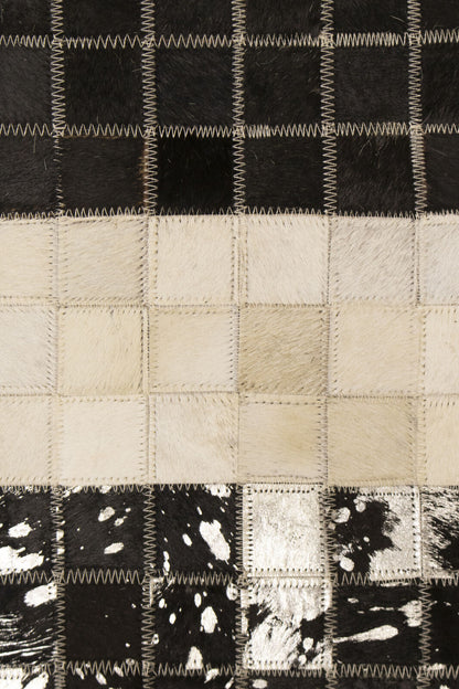 Hand-Stitched Black Beige Cowhide Leather Rug 4X6