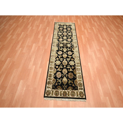 2'6"x8' Black Hand Knotted Rajasthan Leaf Design Wool and Silk Runner Rug