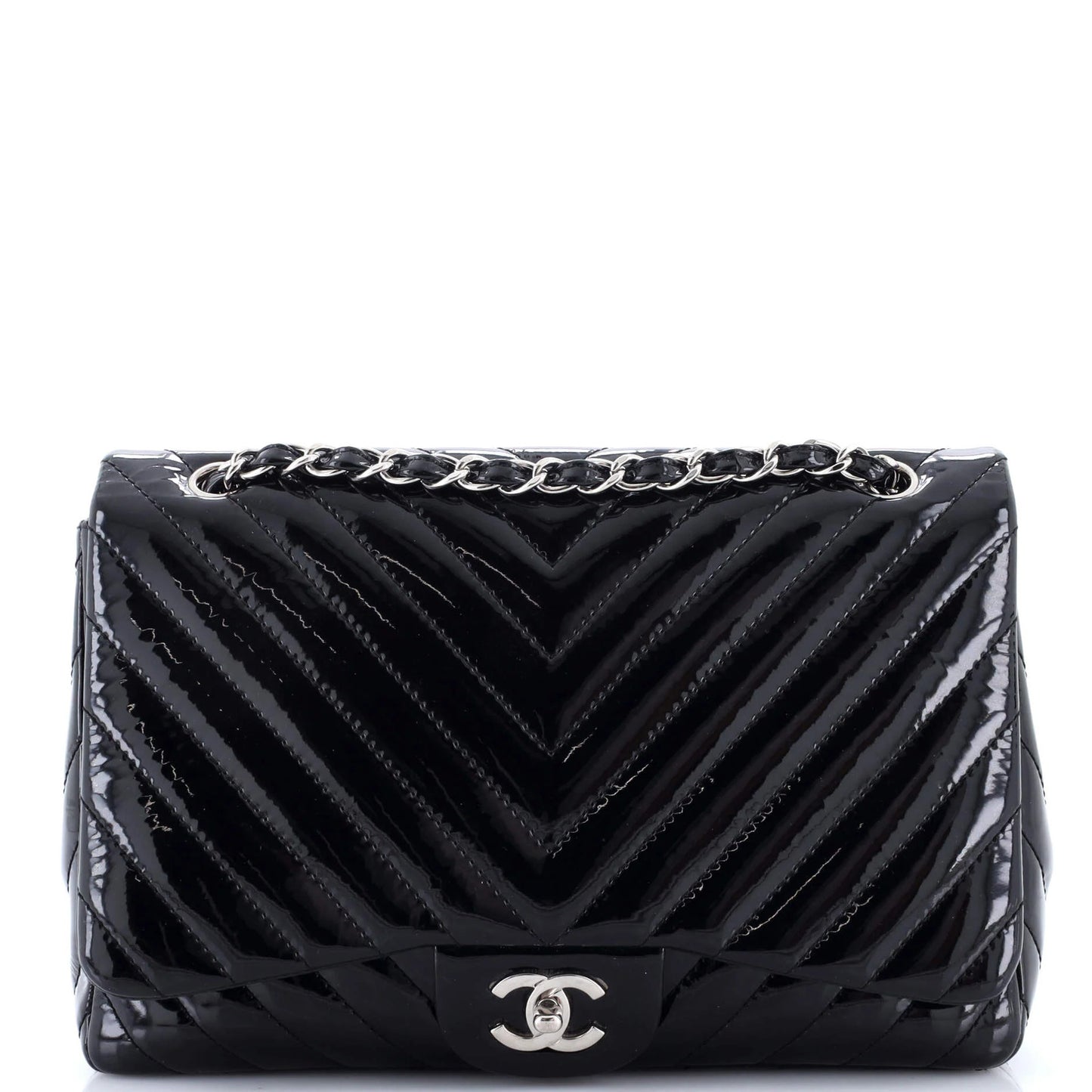 Chanel Classic Single Flap Bag Chevron Patent Jumbo