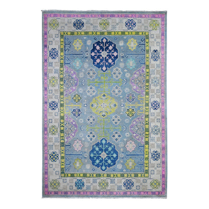 5'10"X8'10" Glaucous Gray Fusion Kazak Soft And Shiny Wool Oriental Rug