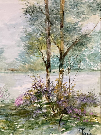 Richard Nahmias Original Oil Painting Landscape Lake Trees Flowers French Artist