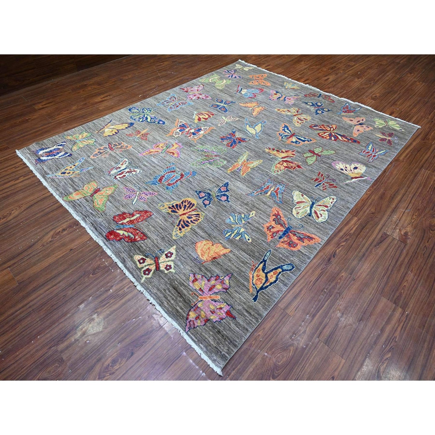 7'8"X9'7" Shark Gray Wool Colorful Hand Knotted Oriental Novelty Rug