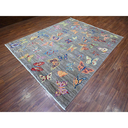 7'8"X9'7" Shark Gray Wool Colorful Hand Knotted Oriental Novelty Rug