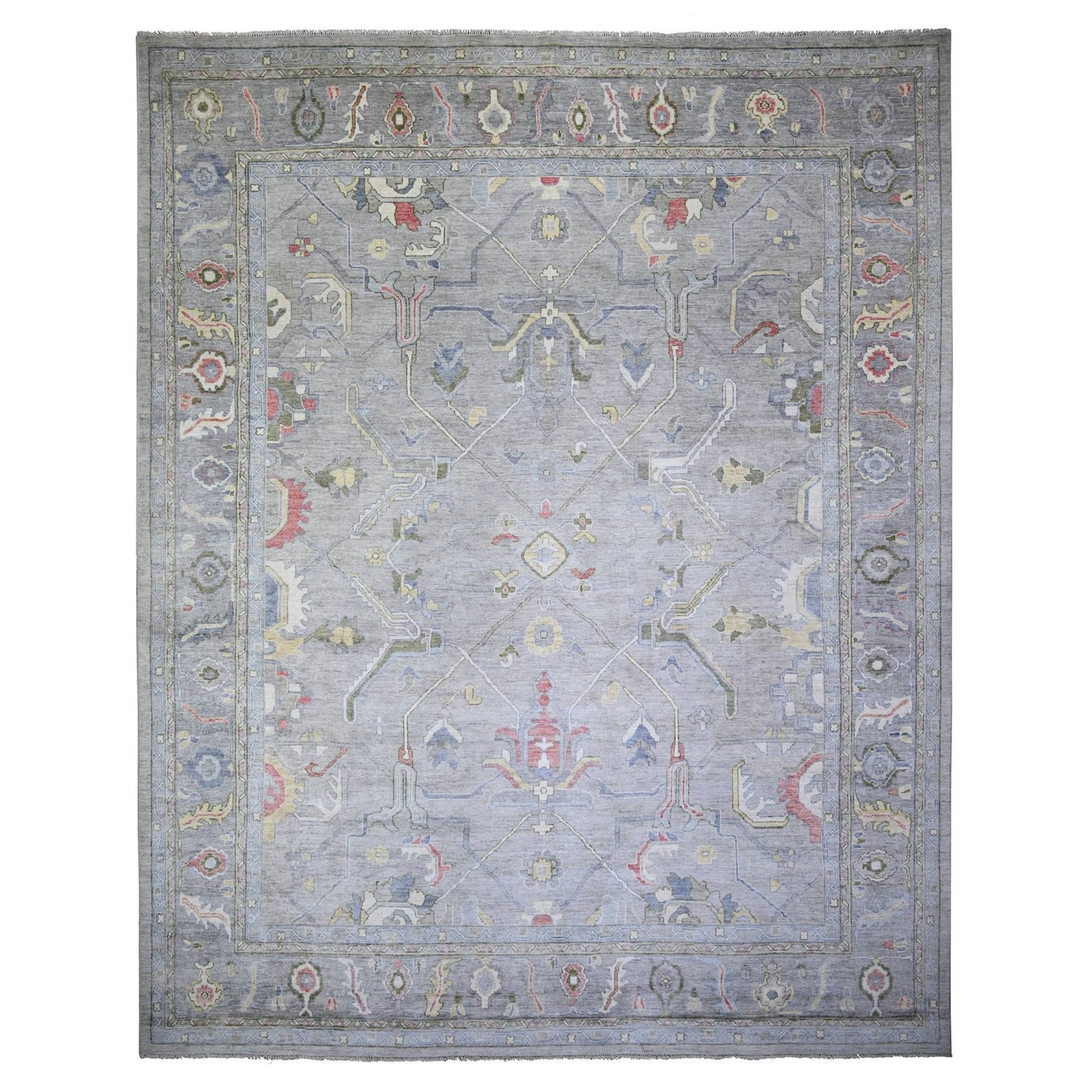 12'2"X15'5" Gray Angora Oushak Colorful Motifs Soft Wool Oriental Rug