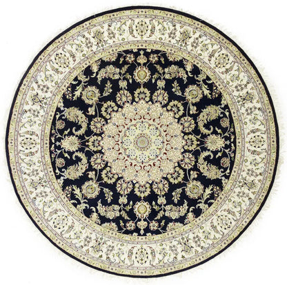 7X7 Ft Round Indo-Nain Oriental Rug Handmade Dark