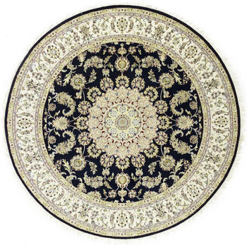 7X7 Ft Round Indo-Nain Oriental Rug Handmade Dark