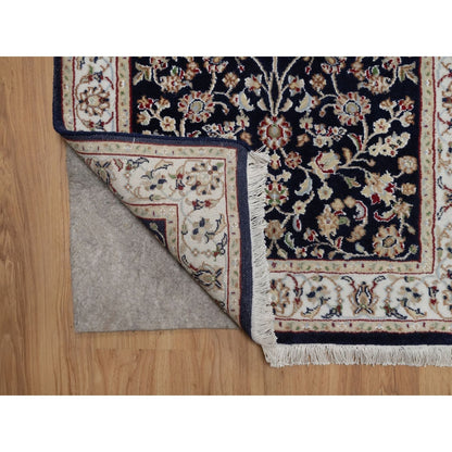 2'7"X6'4" Navy Blue Nain Vines Design Wool & Silk Hand Knotted Runner Rug