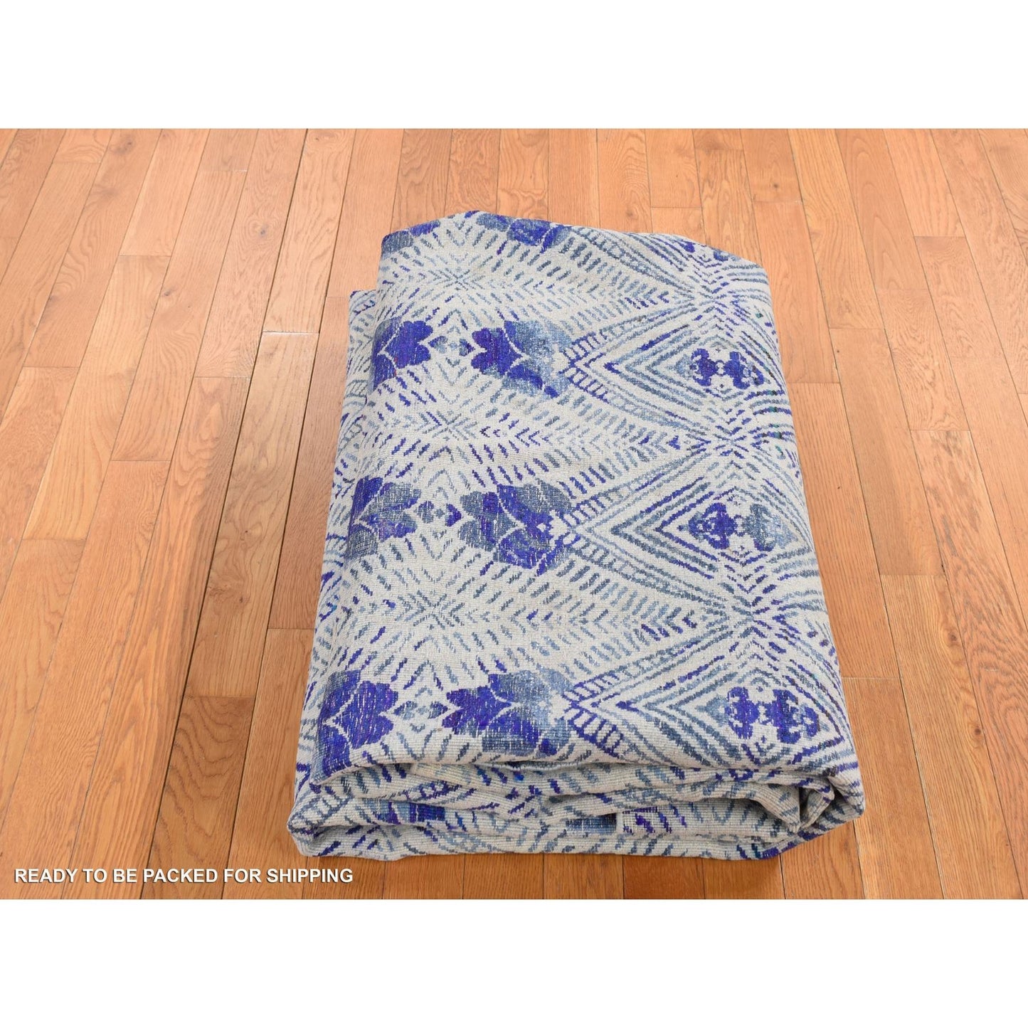 8'X10' Purple Geometric Design Sari Silk With Wool Hand Knotted Rug