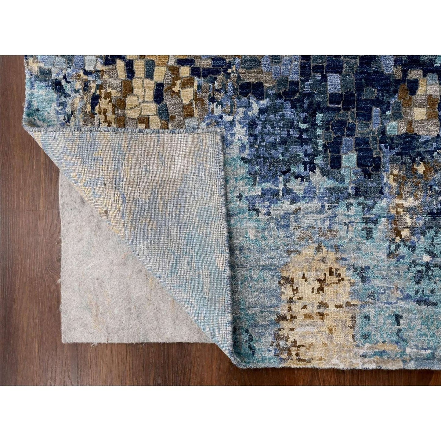 4'10"X6'10" Blue-Gold Modern Mosaic Design Hand Knotted Wool And Silk Rug