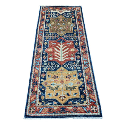 2'5"X6' Yale Blue Caucasian Akstafa Design Wool Hand Knotted Runner Rug